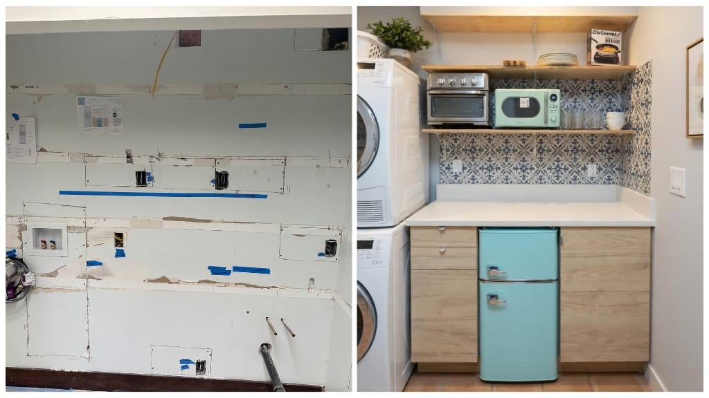 Before and after of a drywall repair and cabinet installation in Los Angeles by Eddie Fixes LA