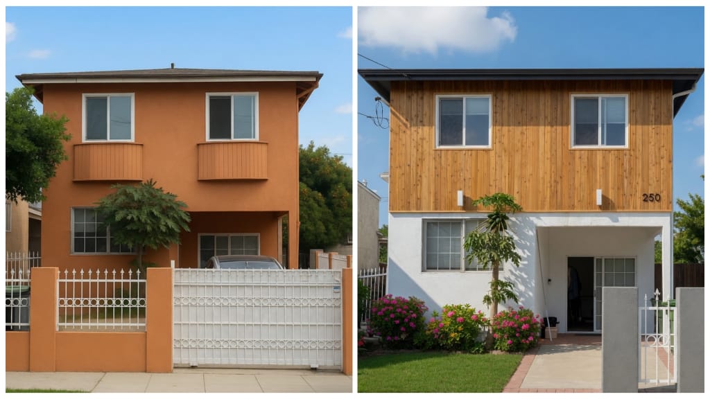 Before and after of a full exterior home renovation in Los Angeles by Eddie Fixes LA