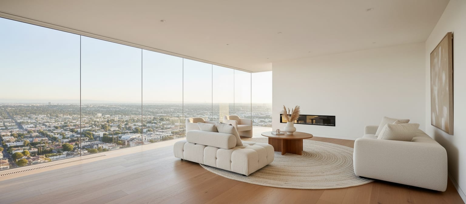 Luxury Los Angeles home interior with floor-to-ceiling city views