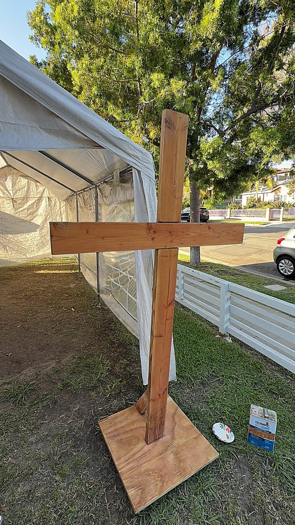 Wood cross restained and sealed with a warm finish for Easter in Culver City, CA 90232