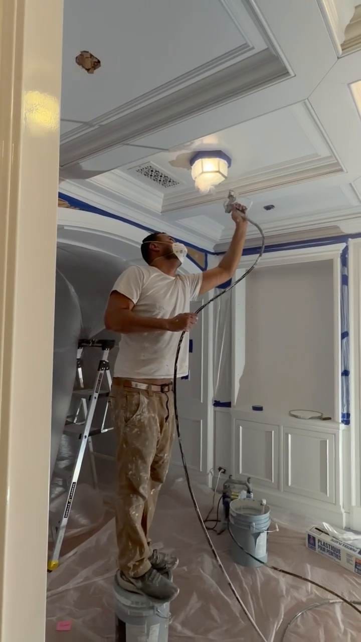 Painting the recessed panels of a coffered ceiling in Pacific Palisades, CA 90272
