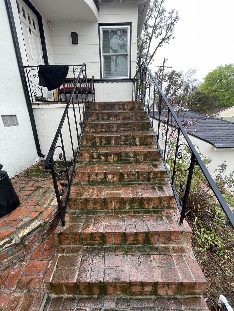 Brick steps with green moss and algae before power washing in Studio City, CA 91604